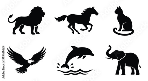 Animal silhouette vector set, 6 wildlife icons, black nature symbols