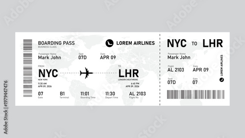Airline boarding pass ticket design travel route details layout system. Airline boarding pass ticket template showing detailed flight information including route with passenger data seat number