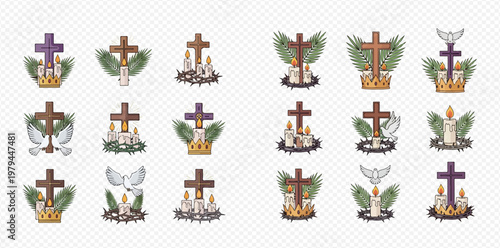 Set of Christian religious symbols: crosses, candles, doves, palm leaves, and crowns of thorns for Easter and Lent.