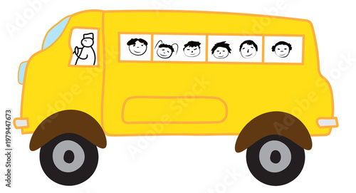 Yellow school bus with cartoon children funny faces