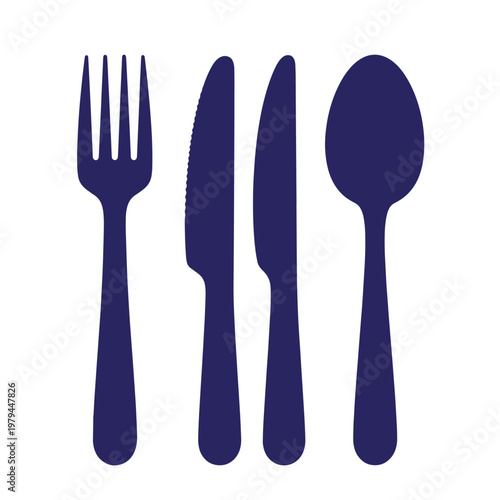 Dark blue silhouette of a four-tine fork, two different serrated and smooth kitchen knives, and a rounded soup spoon isolated on a white background