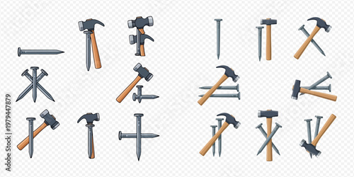 Set of hammers and nails isolated on transparent background, construction tools vector illustration.