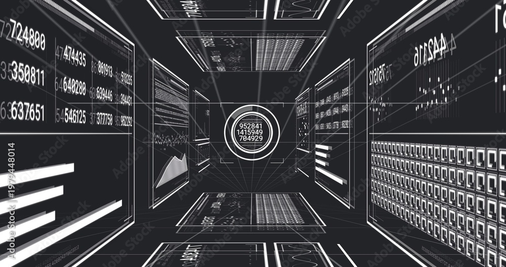 Fototapeta premium Displaying central HUD ring anchoring data corridor, showing panels, grids, charts, numbers