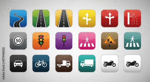 Collection of traffic and transportation icons for navigation and safety.