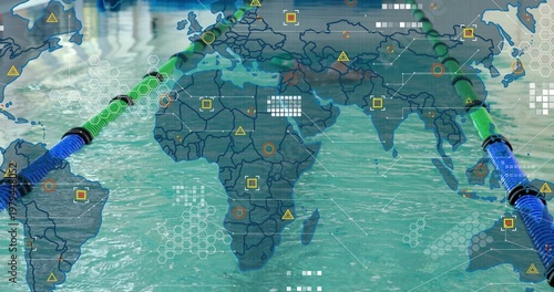 Showing faded world map over turquoise pool with crossing blue and green lane ropes, hex data