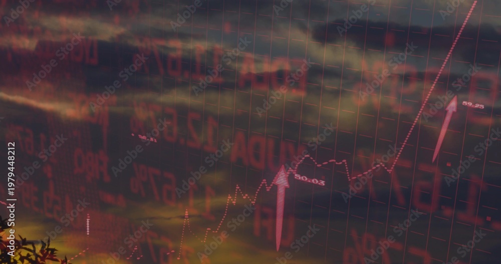Fototapeta premium Displaying transparent grid over sunset sky, showing red labels, dotted line, upward arrows, branch