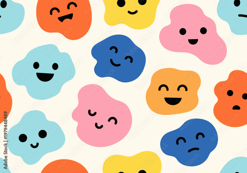 Fototapeta premium Colorful Abstract Blob Character Seamless Pattern with Various Facial Expressions and Emotions