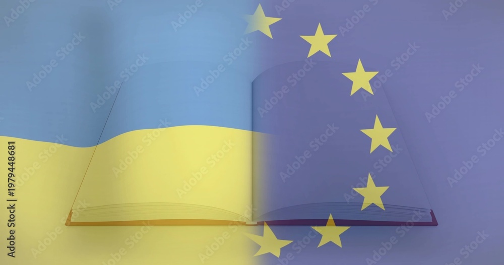 Fototapeta premium Showing open hardcover book flat on studio set, displaying merged Ukrainian and EU flag overlays