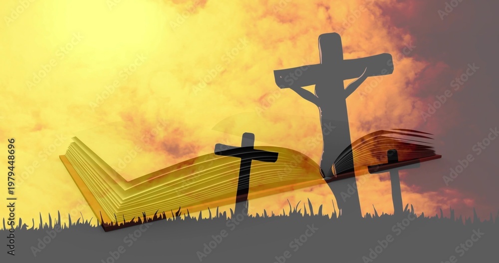 Fototapeta premium Sun descending, casting backlight, combined cross and open book motif emerging, showing faith