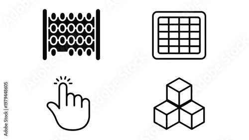 Symbolic Array: A minimalist illustration of essential graphic elements, from a classic abacus and a digital grid to a hand icon and geometric cubes.