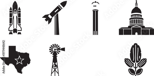 Black and white of landmarks and symbols, eiffel tower, washington monument, big ben, capitol building, texas state outline, compass rose, peace sign, and caduceus