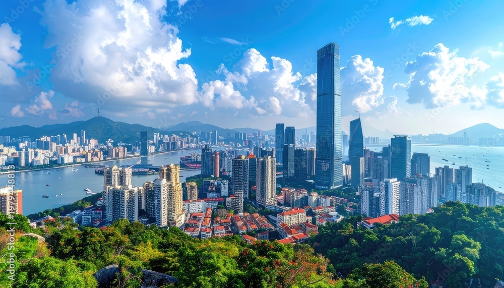 Fototapeta premium A stunning panoramic view showcases a modern cityscape nestled along a vibrant coastline, framed by lush greenery and a brilliant blue sky dotted with fluffy clouds.
