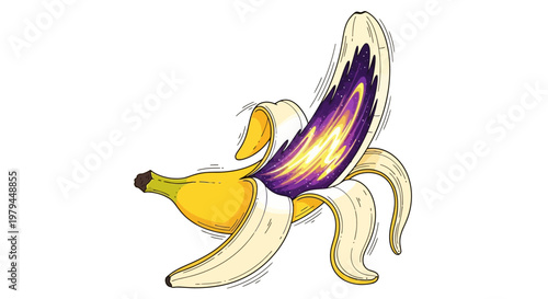 A peeled banana reveals its vibrant purple interior on a white background
