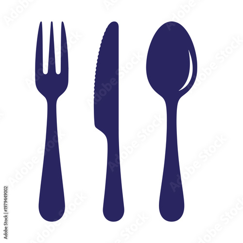 Dark blue silhouette set of a three-pronged fork, a serrated dinner knife, and a rounded spoon isolated on a white background