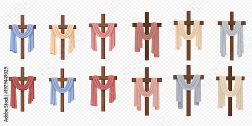Set of Christian crosses draped with various colored fabrics, symbolizing Easter and religious holidays.