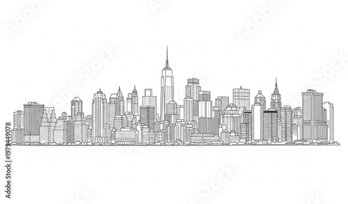 New York Manhattan skyline line art vector panoramic cityscape outline illustration isolated on white