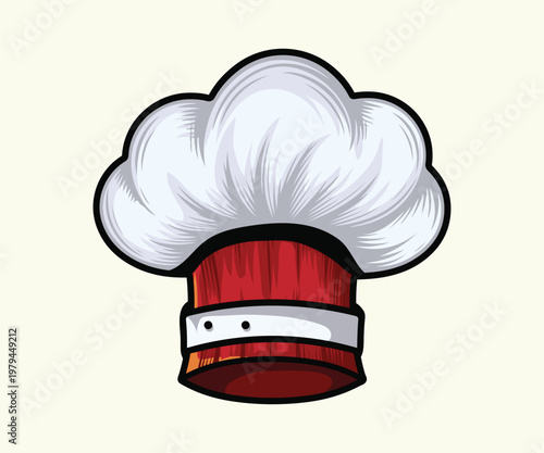 Unique red base chef hat with buckled strap detail in a stylized hand drawn vector format.