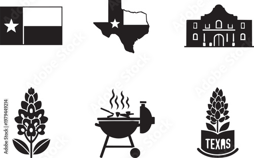 Black and white of texas symbols: lone star, flag, state outline, capitol, longhorn, cactus, and texas wordmark