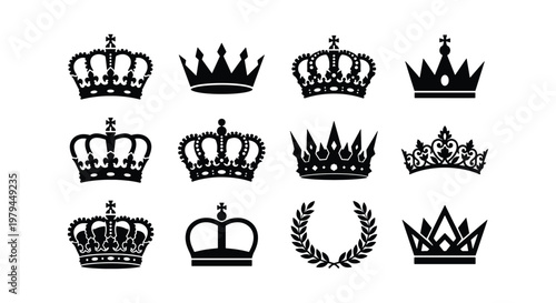 Royal crown icons set, black heraldic king crowns, 12 vector symbols