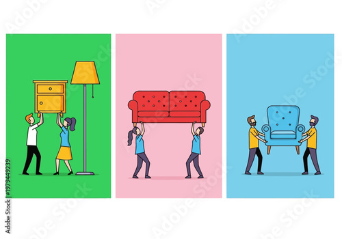 Furniture Relocation Illustration: Team Carrying Sofa, Armchair, and Cabinet. Professional Moving Service Flat Vector Characters on Colorful Backgrounds.