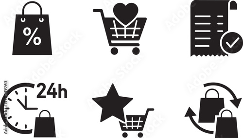 Black and white representing sale, shipping, 24-hour service, star rating, and customer support sale discount