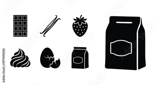 Baking ingredients icon set, black food vector silhouettes, 7 dessert elements