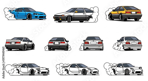 Collection of pixel art sports cars in motion with smoke effects.