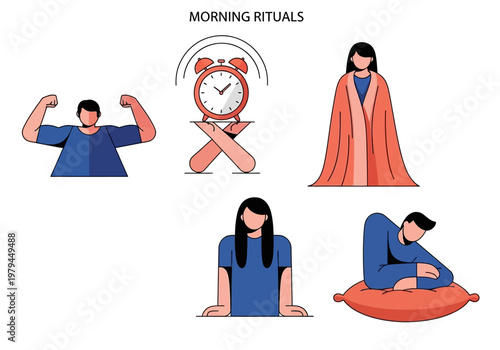 Morning Rituals Vector Illustration Set with Alarm Clock, Exercise, Sleeping, and Waking Up Concepts for Healthy Lifestyle and Daily Productivity