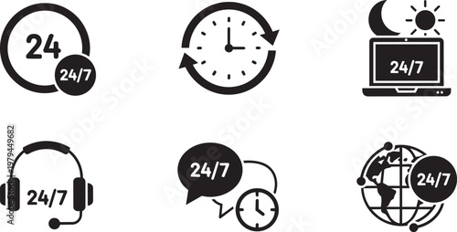 Clock set with 24/7 schedule, alarm, watch, and timer in flat style