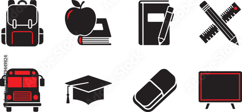 Flat of various office and school supplies in black, red, and white flat office supplies