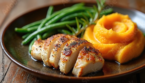 Sliced chicken breast served with green beans and orange mashed sweet potatoes on a rustic plate. This healthy meal is seasoned with herbs and spices. Perfect for dinner or lunch.