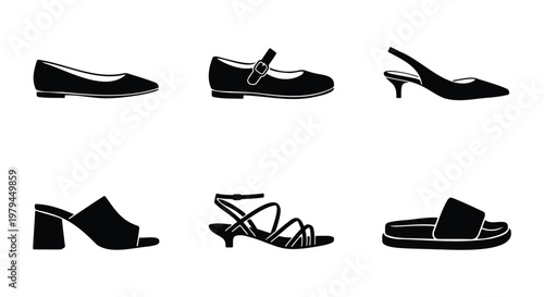 Minimalist women's shoes icon set, black footwear silhouettes, 6 vector icons