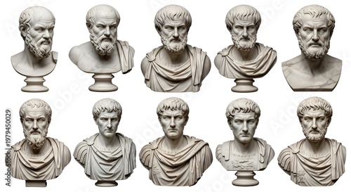 Collection of ten ancient greek roman marble busts on pedestals