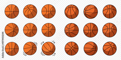 Set of basketball balls in various positions and rotations, isolated on a transparent background, perfect for sports-themed designs and animations.