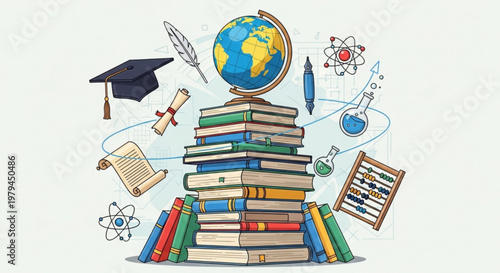 Stack of books with graduation cap globe and educational symbols around representing learning and knowledge