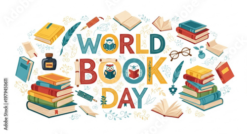 Colorful world book day illustration with books glasses and reading accessories