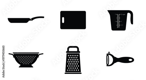 Kitchenware icon set, black cooking utensils, 6 vector culinary tools
