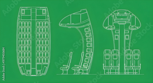 Airplane Blueprint Vector – Passenger Aircraft Interior Seating Layout Multiview Technical Drawing White Outline on Green