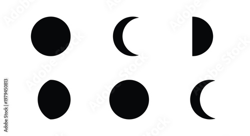 Minimalist moon phases icon set, black lunar cycle vectors, 6 celestial symbols