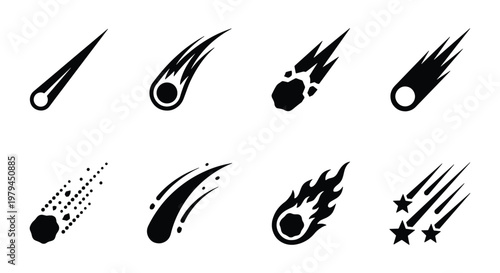 Comet icon set, falling meteor silhouettes, 8 black space vector elements