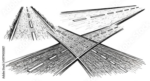 Crossroads of roads illustration sketch.
