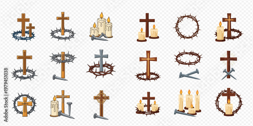 Christian religious symbols set with crosses, candles, and crowns of thorns for Easter and Lent design.