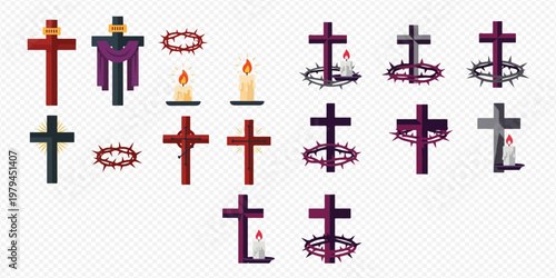 Set of Christian religious symbols including crosses, candles, and crowns of thorns for Easter and Lent designs.
