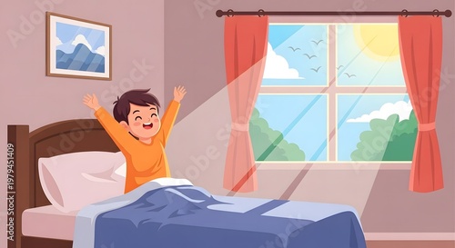 Cute Indonesian child waking up early in the morning, stretching on bed with sunlight entering through window, fresh and happy expression, soft pastel colors, cozy bedroom, birds and blue sky outside,