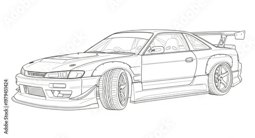 Detailed Outline Drawing of a Sports Car with Spoiler.