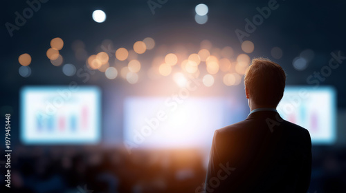 Faceless wide shot of a bright business forum stage with a professional speaker silhouette presenting infographics and statistics on a large digital screen, defocused conference audience,
