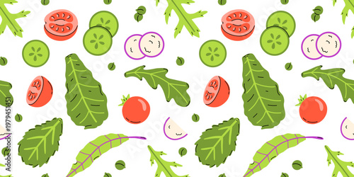 Vector seamless pattern with fresh salad ingredients. Leafy greens, tomato, cucumber slice, radish, green pea on white background. Healthy organic vegetable print for kitchen textile and menu design.