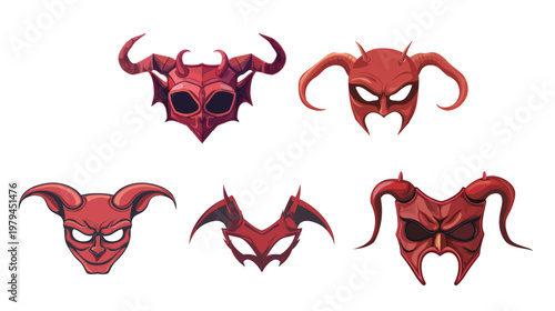 Red devil mask with horns and pointed ears vector illustration scary demonic character icon Halloween costume mask dark fantasy design