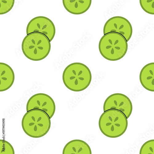 Vector seamless pattern with green cucumber slice on white background. Fresh vegetable cucumber print for kitchen textile, wrapping paper, packaging and healthy salad or summer food design.