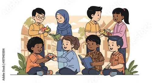 Group of happy Indonesian children doing exercise together, running and jumping outdoors, park environment with trees and blue sky, energetic and cheerful expressions, bright colors, dynamic movement,